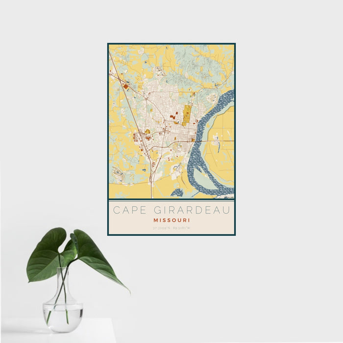 16x24 Cape Girardeau Missouri Map Print Portrait Orientation in Woodblock Style With Tropical Plant Leaves in Water
