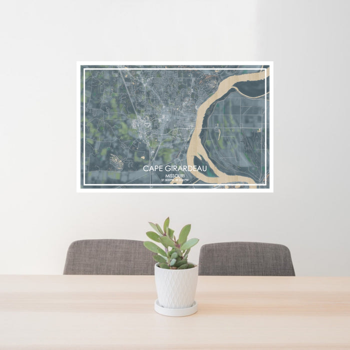 24x36 Cape Girardeau Missouri Map Print Lanscape Orientation in Afternoon Style Behind 2 Chairs Table and Potted Plant