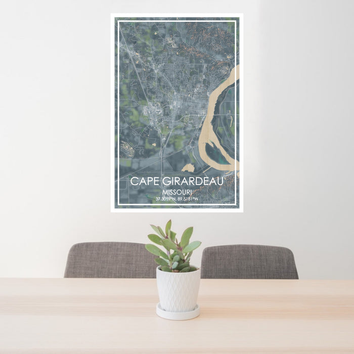 24x36 Cape Girardeau Missouri Map Print Portrait Orientation in Afternoon Style Behind 2 Chairs Table and Potted Plant