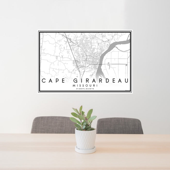 24x36 Cape Girardeau Missouri Map Print Lanscape Orientation in Classic Style Behind 2 Chairs Table and Potted Plant