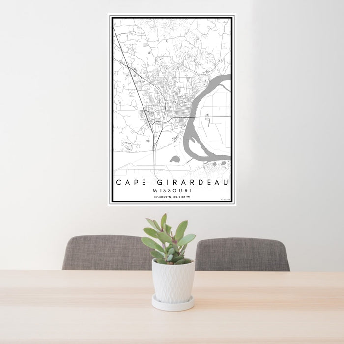 24x36 Cape Girardeau Missouri Map Print Portrait Orientation in Classic Style Behind 2 Chairs Table and Potted Plant