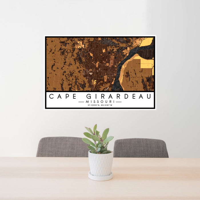 24x36 Cape Girardeau Missouri Map Print Lanscape Orientation in Ember Style Behind 2 Chairs Table and Potted Plant