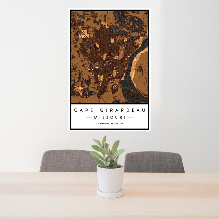 24x36 Cape Girardeau Missouri Map Print Portrait Orientation in Ember Style Behind 2 Chairs Table and Potted Plant