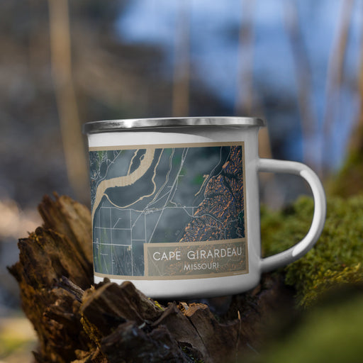 Right View Custom Cape Girardeau Missouri Map Enamel Mug in Afternoon on Grass With Trees in Background