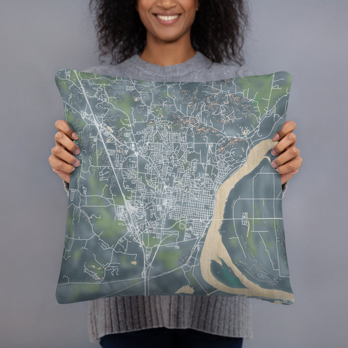Person holding 18x18 Custom Cape Girardeau Missouri Map Throw Pillow in Afternoon