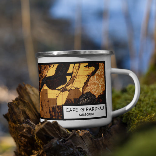 Right View Custom Cape Girardeau Missouri Map Enamel Mug in Ember on Grass With Trees in Background