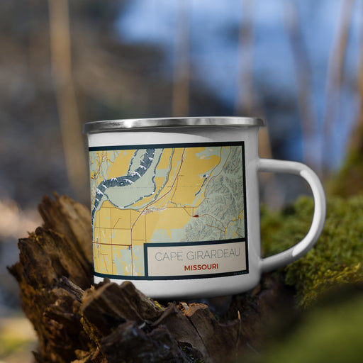 Right View Custom Cape Girardeau Missouri Map Enamel Mug in Woodblock on Grass With Trees in Background
