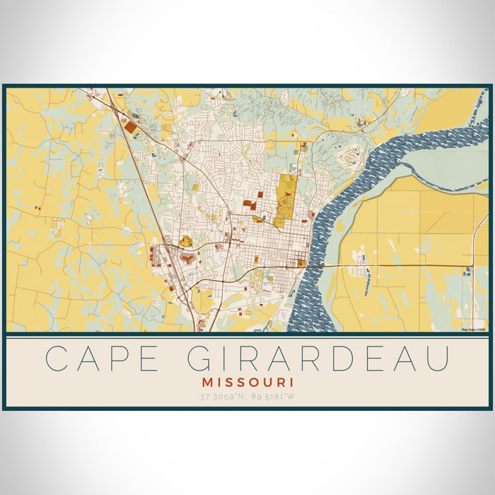 Cape Girardeau Missouri Map Print Landscape Orientation in Woodblock Style With Shaded Background