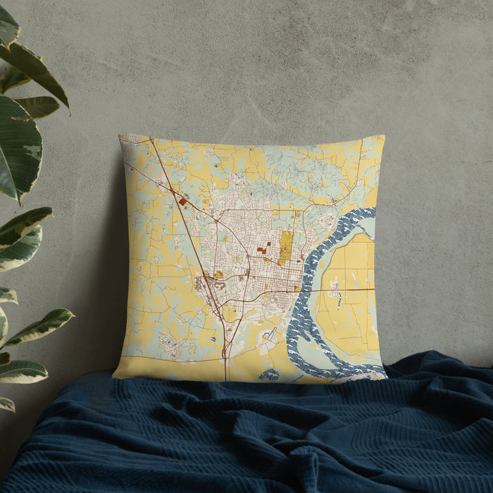 Custom Cape Girardeau Missouri Map Throw Pillow in Woodblock on Bedding Against Wall