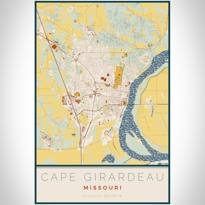Cape Girardeau Missouri Map Print Portrait Orientation in Woodblock Style With Shaded Background