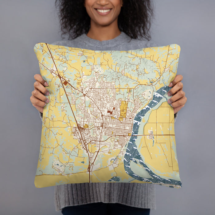 Person holding 18x18 Custom Cape Girardeau Missouri Map Throw Pillow in Woodblock