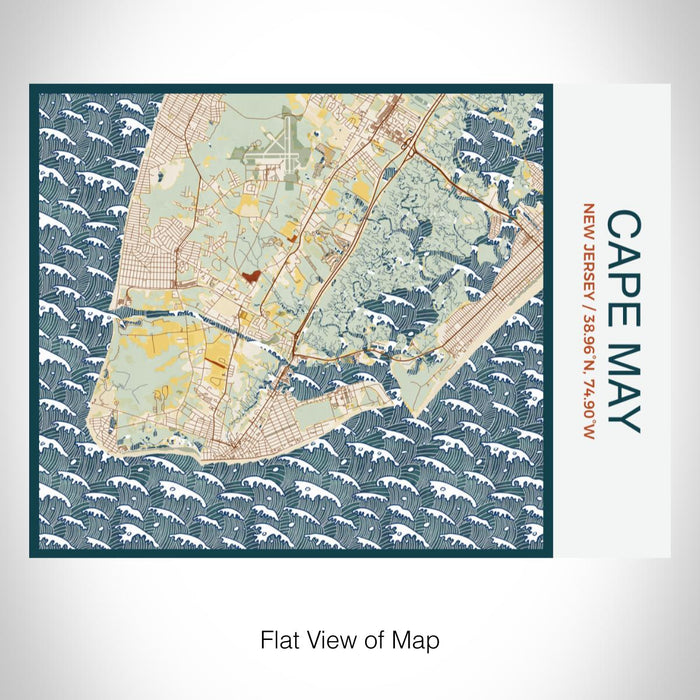 Rendered View of Cape May New Jersey Map on 20oz Stainless Steel Insulated Bottle with Bamboo Top with printed woodblock style map