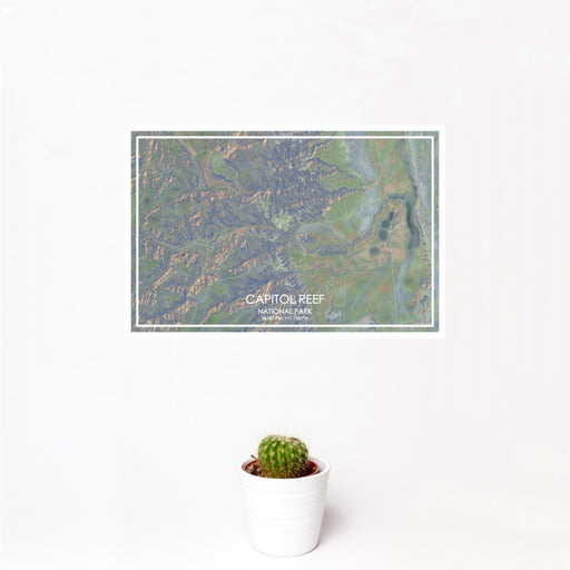 12x18 Capitol Reef National Park Map Print Landscape Orientation in Afternoon Style With Small Cactus Plant in White Planter