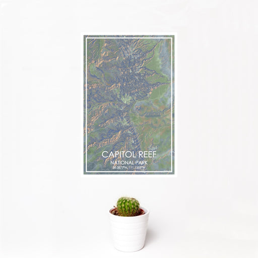 12x18 Capitol Reef National Park Map Print Portrait Orientation in Afternoon Style With Small Cactus Plant in White Planter