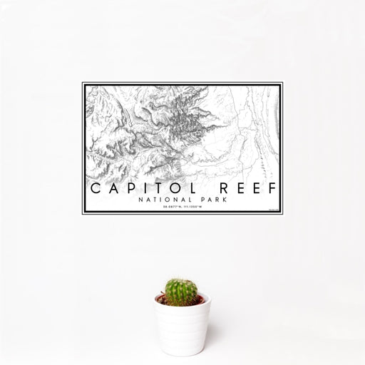 12x18 Capitol Reef National Park Map Print Landscape Orientation in Classic Style With Small Cactus Plant in White Planter