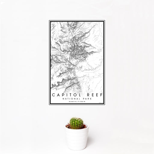 12x18 Capitol Reef National Park Map Print Portrait Orientation in Classic Style With Small Cactus Plant in White Planter