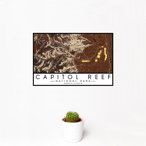 12x18 Capitol Reef National Park Map Print Landscape Orientation in Ember Style With Small Cactus Plant in White Planter