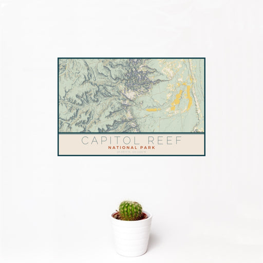 12x18 Capitol Reef National Park Map Print Landscape Orientation in Woodblock Style With Small Cactus Plant in White Planter