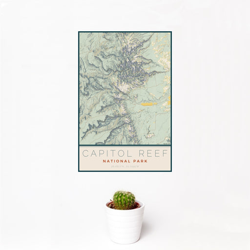 12x18 Capitol Reef National Park Map Print Portrait Orientation in Woodblock Style With Small Cactus Plant in White Planter