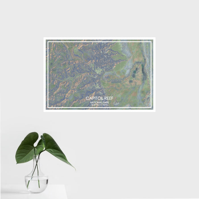 16x24 Capitol Reef National Park Map Print Landscape Orientation in Afternoon Style With Tropical Plant Leaves in Water