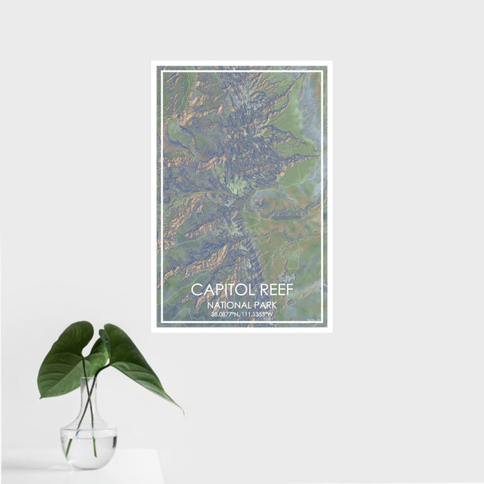 16x24 Capitol Reef National Park Map Print Portrait Orientation in Afternoon Style With Tropical Plant Leaves in Water