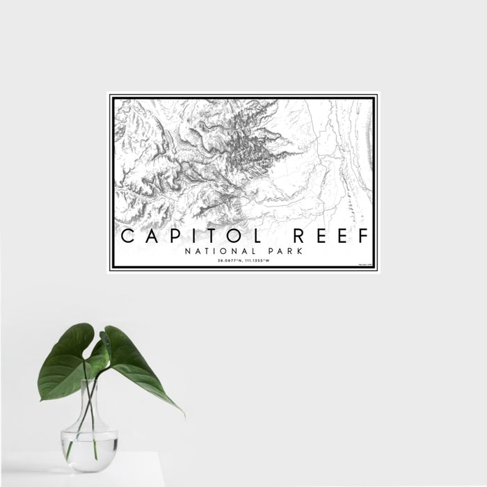 16x24 Capitol Reef National Park Map Print Landscape Orientation in Classic Style With Tropical Plant Leaves in Water