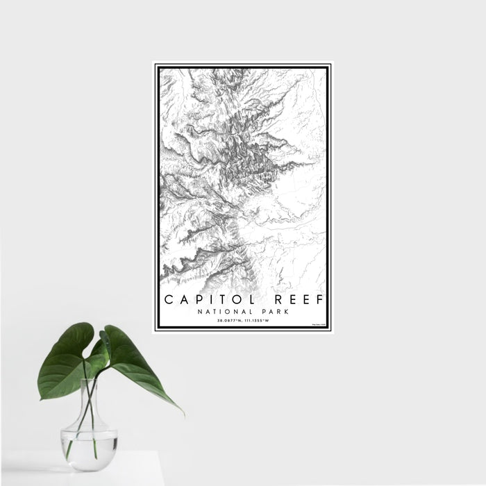 16x24 Capitol Reef National Park Map Print Portrait Orientation in Classic Style With Tropical Plant Leaves in Water