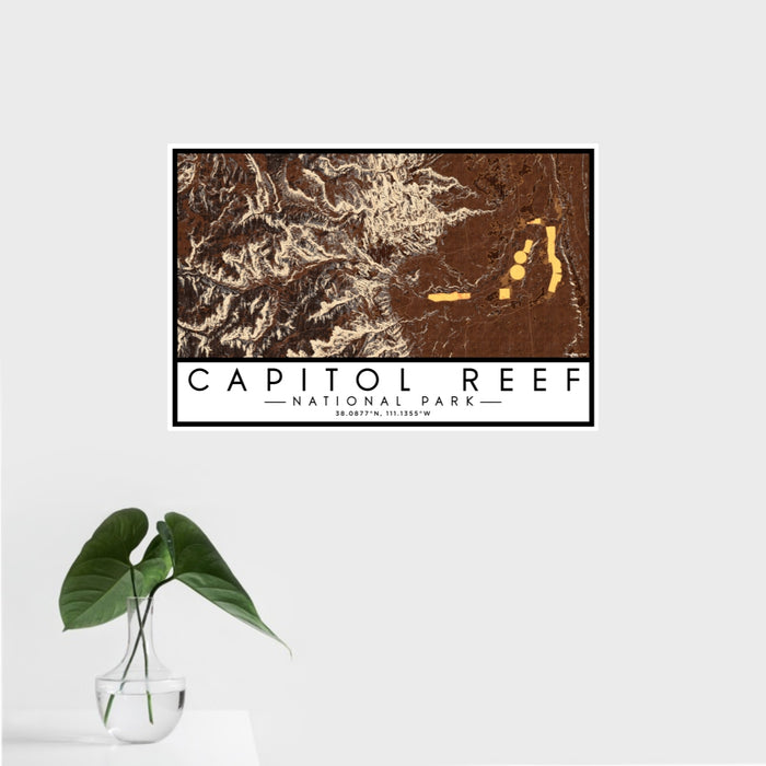 16x24 Capitol Reef National Park Map Print Landscape Orientation in Ember Style With Tropical Plant Leaves in Water