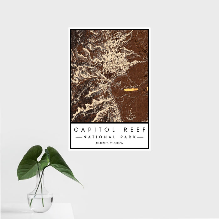 16x24 Capitol Reef National Park Map Print Portrait Orientation in Ember Style With Tropical Plant Leaves in Water