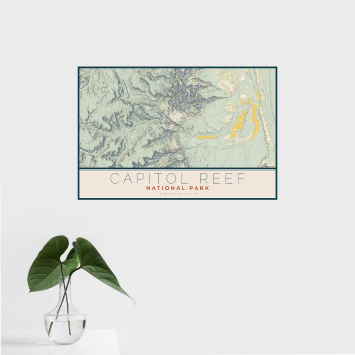 16x24 Capitol Reef National Park Map Print Landscape Orientation in Woodblock Style With Tropical Plant Leaves in Water