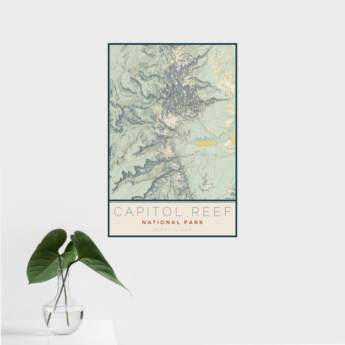 16x24 Capitol Reef National Park Map Print Portrait Orientation in Woodblock Style With Tropical Plant Leaves in Water