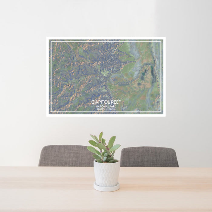 24x36 Capitol Reef National Park Map Print Lanscape Orientation in Afternoon Style Behind 2 Chairs Table and Potted Plant