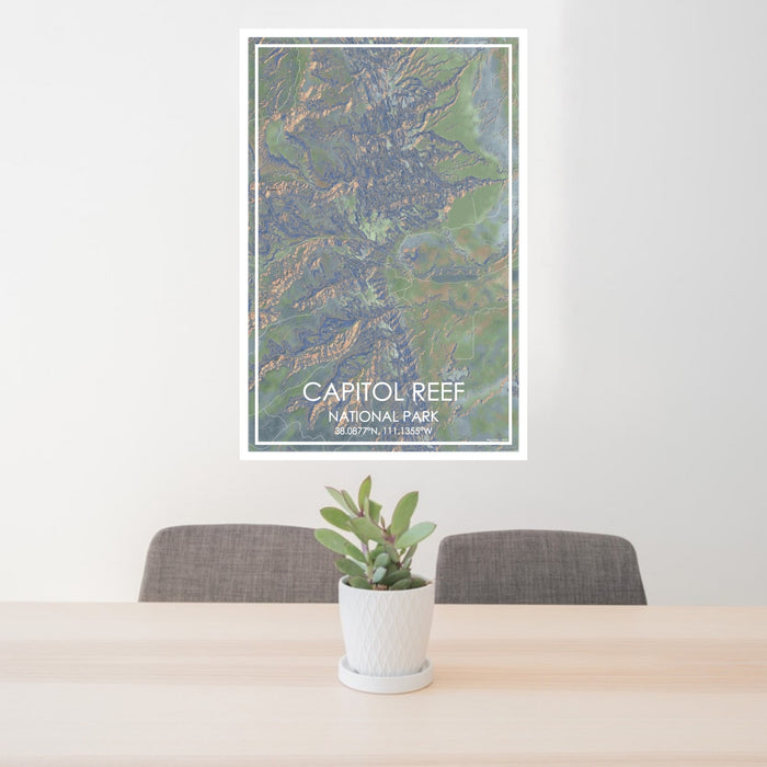 24x36 Capitol Reef National Park Map Print Portrait Orientation in Afternoon Style Behind 2 Chairs Table and Potted Plant