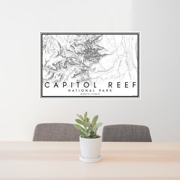 24x36 Capitol Reef National Park Map Print Lanscape Orientation in Classic Style Behind 2 Chairs Table and Potted Plant