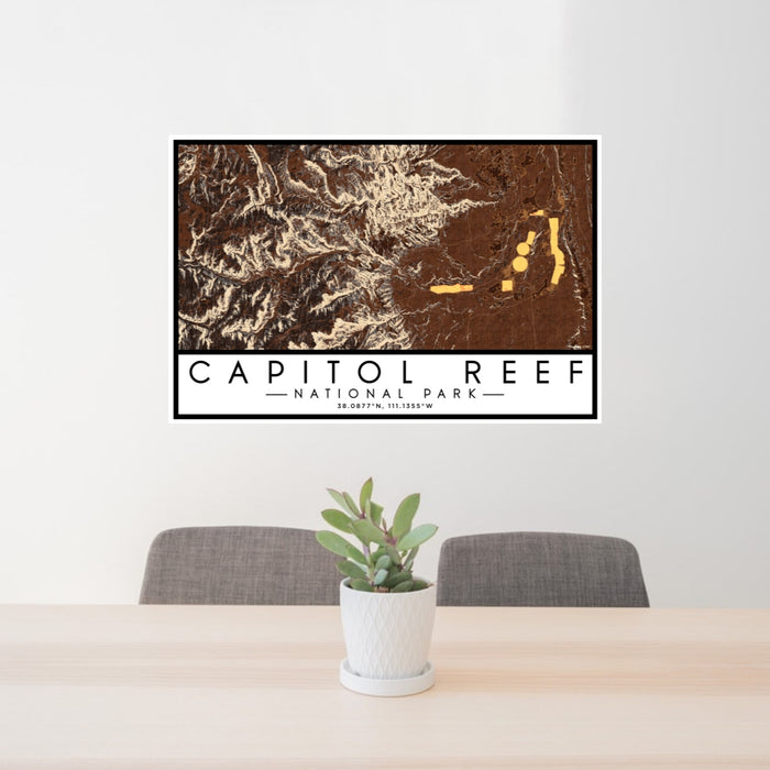 24x36 Capitol Reef National Park Map Print Lanscape Orientation in Ember Style Behind 2 Chairs Table and Potted Plant