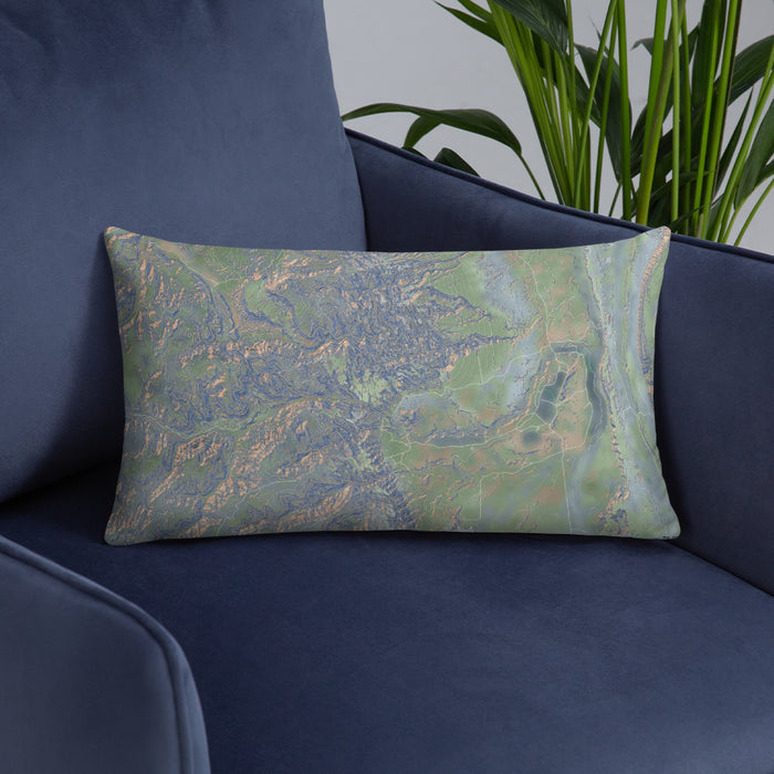 Custom Capitol Reef National Park Map Throw Pillow in Afternoon on Blue Colored Chair