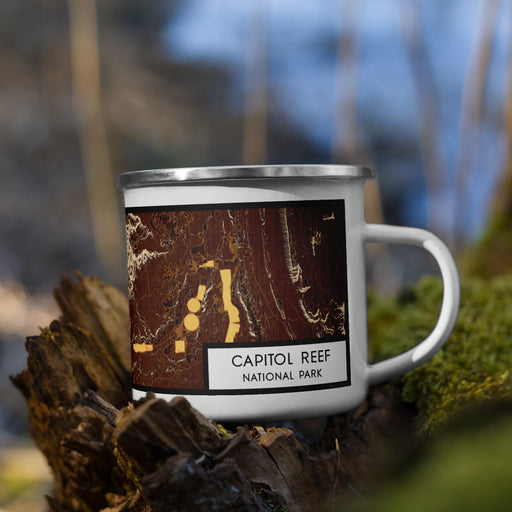 Right View Custom Capitol Reef National Park Map Enamel Mug in Ember on Grass With Trees in Background