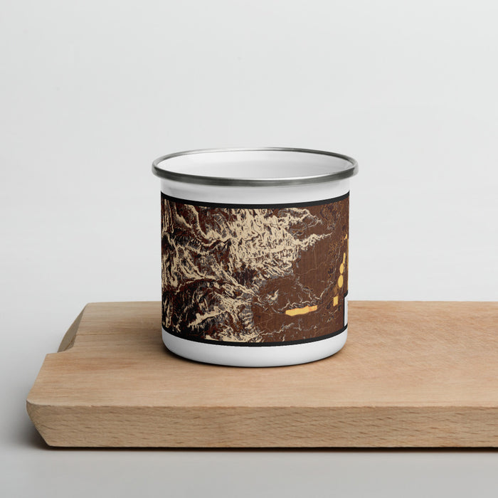 Front View Custom Capitol Reef National Park Map Enamel Mug in Ember on Cutting Board