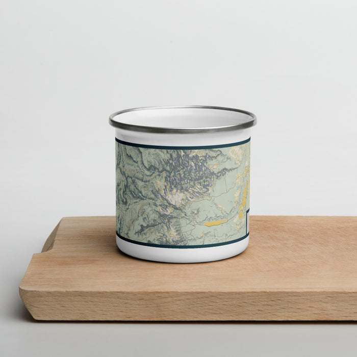Front View Custom Capitol Reef National Park Map Enamel Mug in Woodblock on Cutting Board