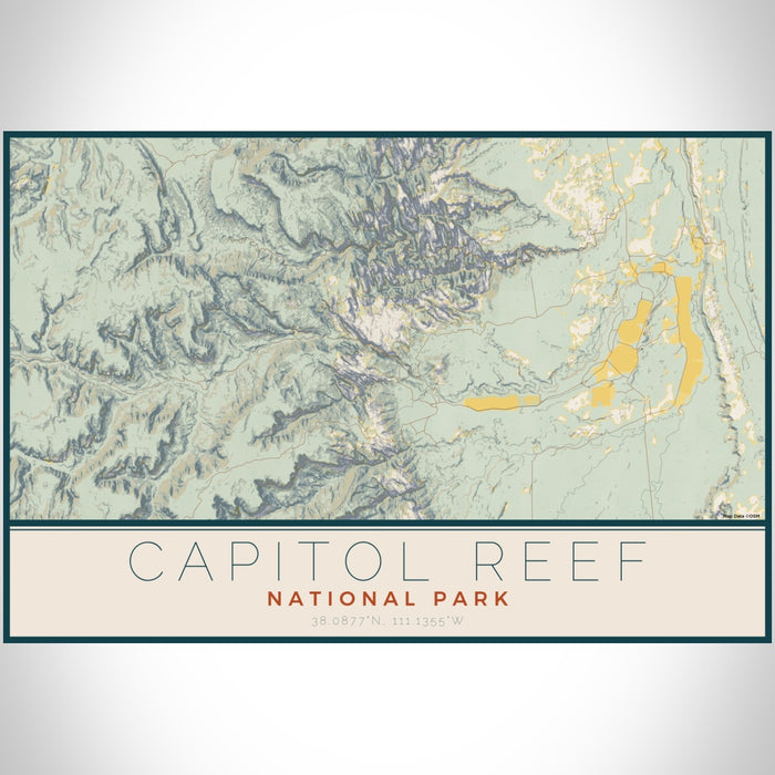 Capitol Reef National Park Map Print Landscape Orientation in Woodblock Style With Shaded Background