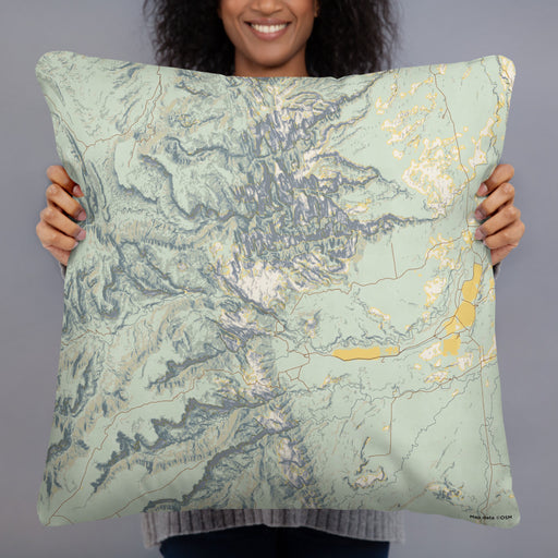 Person holding 22x22 Custom Capitol Reef National Park Map Throw Pillow in Woodblock