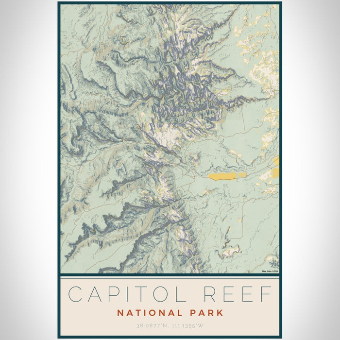 Capitol Reef National Park Map Print Portrait Orientation in Woodblock Style With Shaded Background