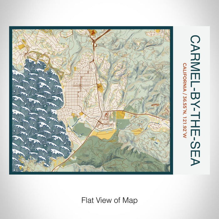 Rendered View of Carmel-by-the-Sea California Map on 20oz Stainless Steel Insulated Bottle with Bamboo Top with printed woodblock style map