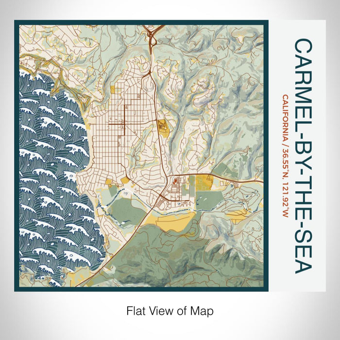 Rendered View of Carmel-by-the-Sea California Map on 17oz Stainless Steel Insulated Tumbler in Woodblock Map Style