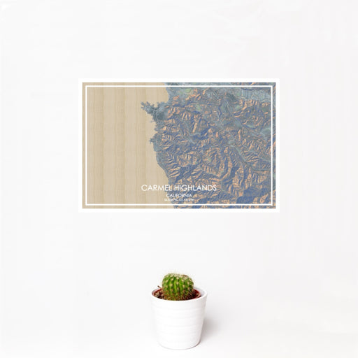12x18 Carmel Highlands California Map Print Landscape Orientation in Afternoon Style With Small Cactus Plant in White Planter