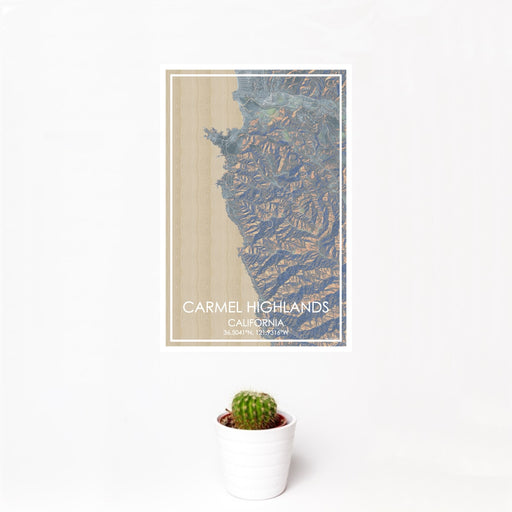 12x18 Carmel Highlands California Map Print Portrait Orientation in Afternoon Style With Small Cactus Plant in White Planter