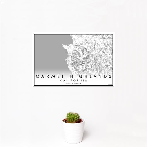 12x18 Carmel Highlands California Map Print Landscape Orientation in Classic Style With Small Cactus Plant in White Planter
