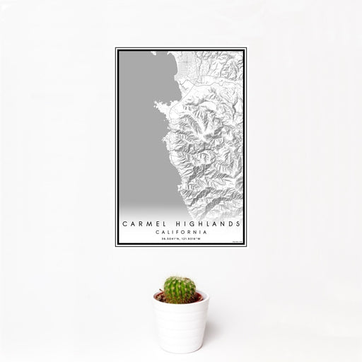 12x18 Carmel Highlands California Map Print Portrait Orientation in Classic Style With Small Cactus Plant in White Planter
