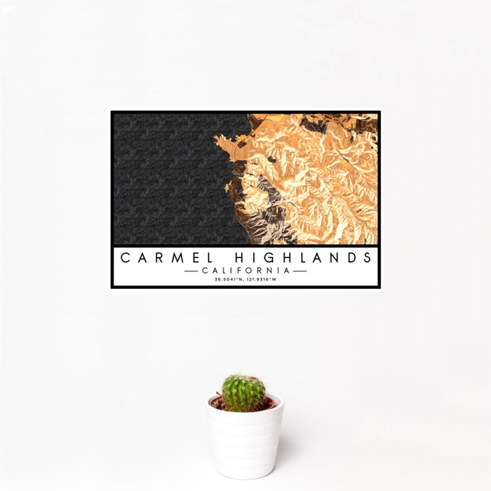 12x18 Carmel Highlands California Map Print Landscape Orientation in Ember Style With Small Cactus Plant in White Planter