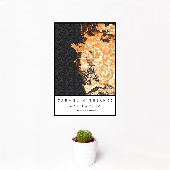 12x18 Carmel Highlands California Map Print Portrait Orientation in Ember Style With Small Cactus Plant in White Planter